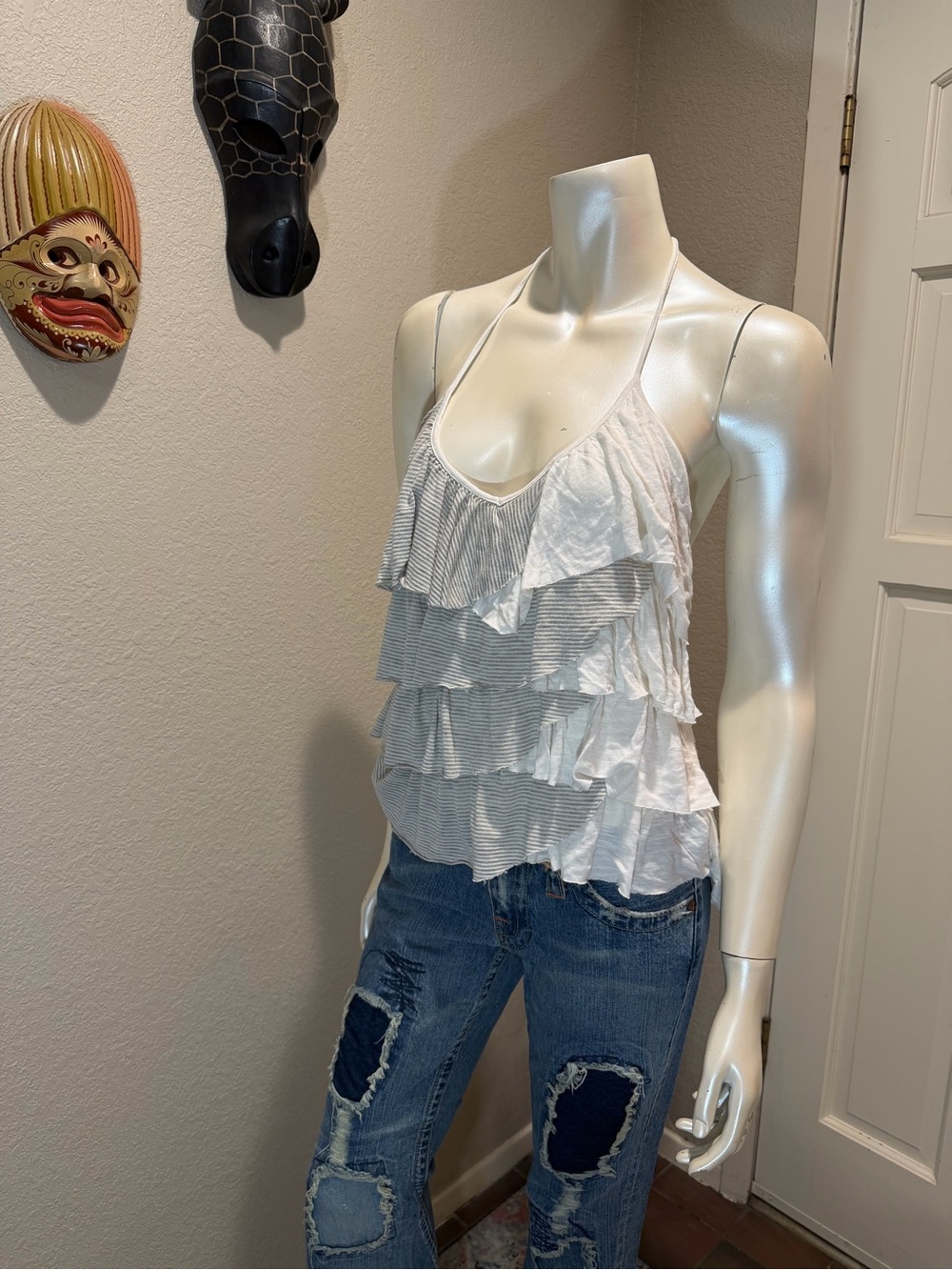 LeSpy Couture Multi-Tiered Ruffled Cami Halter Tank Top, Gray & White